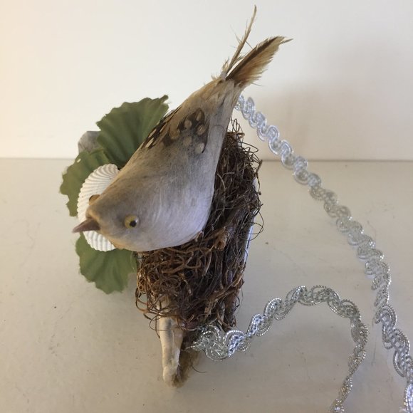 Vintage Bird Ornament Shell Hanging by Silver Ric Rack - Picture 5 of 8